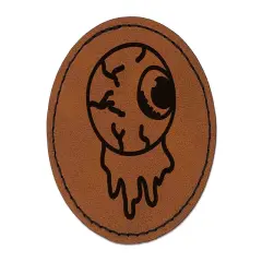 Oozing Eyeball Halloween Round Iron-On Engraved Faux Leather Patch Applique - 2.5" Brown