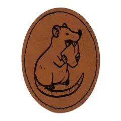 Happy Rat Eating Cheese Round Iron-On Engraved Faux Leather Patch Applique - 2.5" Brown