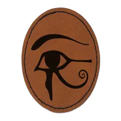 Wedjat Eye of Horus Udjat Egyptian Symbol of Protection Round Iron-On Engraved Faux Leather Patch Applique - 2.5" Brown