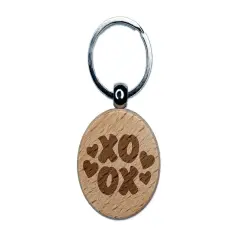 XOXO with Hearts and Love Engraved Wood Round Keychain Tag Charm