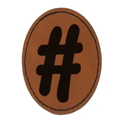 Hashtag Number Sign Round Iron-On Engraved Faux Leather Patch Applique - 2.5" Brown