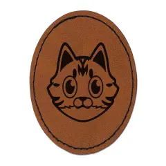 Fluffy Striped Tabby Cat Head Round Iron-On Engraved Faux Leather Patch Applique - 2.5" Brown