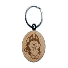Siberian Husky Laying Down Dog Engraved Wood Round Keychain Tag Charm