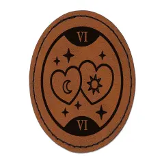 The Lovers Tarot Card Round Iron-On Engraved Faux Leather Patch Applique - 2.5" Brown