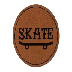 Skate Text on Skateboard Round Iron-On Engraved Faux Leather Patch Applique - 2.5" Brown