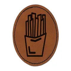 French Fries Snack Doodle Round Iron-On Engraved Faux Leather Patch Applique - 2.5" Brown