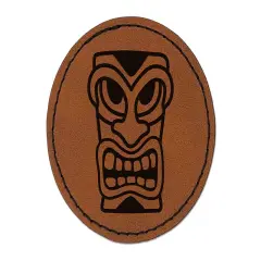 Hawaiian Tiki Head Round Iron-On Engraved Faux Leather Patch Applique - 2.5" Brown