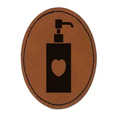Soap Sanitizer Dispenser Silhouette with Heart Round Iron-On Engraved Faux Leather Patch Applique - 2.5" Brown