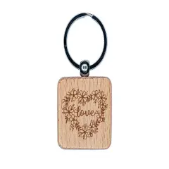 Love Script in Flower Heart Wreath Engraved Wood Square Keychain Tag Charm