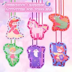 Wooden Fairytale Lacing Card for Kids 3-5, Sewing Cards for Toddlers, Toddler Arts and Craft, Fine Motor Skill Toys, 6 Wooden Panels and 6 Matching Laces, Gift for Boys, Girls