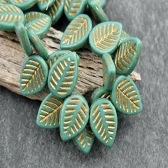 *15* 16x12mm Gold Washed Green Turquoise Top Drilled Dogwood Leaf Beads