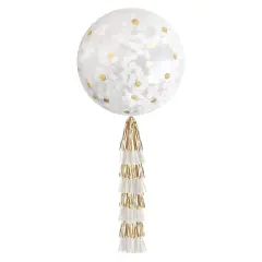 Jumbo Confetti Balloon & Tassel Tail - White & Gold