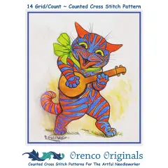 Louis Wain's Striped Kitty Cat Playing Banjo Counted Cross Stitch Chart Pattern