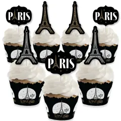 Big Dot of Happiness Stars Over Paris - Cupcake Decoration - Parisian Themed Party Cupcake Wrappers and Treat Picks Kit - Set of 24