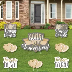 Big Dot of Happiness Honk, It's Our Anniversary - Yard Sign and Outdoor Lawn Decorations - Gold and Silver Wedding Anniversary Yard Signs - Set of 8
