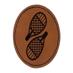 Traditional Teardrop Snowshoes Icon Round Iron-On Engraved Faux Leather Patch Applique - 2.5" Brown