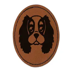 Cartoon Cavalier King Charles Spaniel Head Round Iron-On Engraved Faux Leather Patch Applique - 2.5" Brown