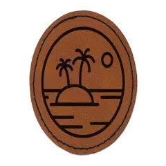 Deserted Island in Ocean Round Iron-On Engraved Faux Leather Patch Applique - 2.5" Brown