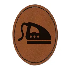 Ironing Icon Round Iron-On Engraved Faux Leather Patch Applique - 2.5" Brown