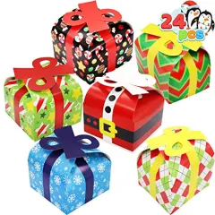 JOYIN 24 PCS 3D Christmas Goodie Boxes with Bow for Holiday Xmas Goodie Paper Boxes, School Classroom Party Favor Supplies, Candy Treat Cardboard Cookie Boxes