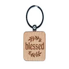 Blessed Leaf and Berries Engraved Wood Square Keychain Tag Charm