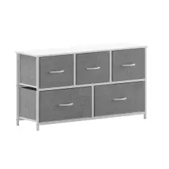 Emma and Oliver Marley 5 Drawer Storage Dresser with Cast Iron Frame, Wood Top and Easy Pull Fabric Drawers with Wooden Handles GrayDrawers/White