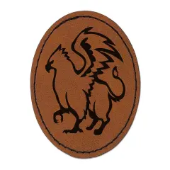 Proud Griffin Fantasy Silhouette Round Iron-On Engraved Faux Leather Patch Applique - 2.5" Brown
