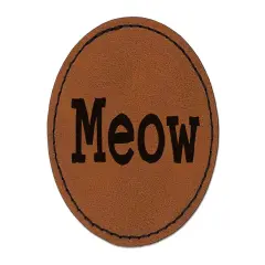 Meow Cat Fun Text Round Iron-On Engraved Faux Leather Patch Applique - 2.5" Brown