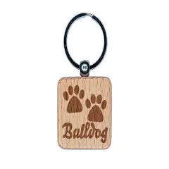 Bulldog Dog Paw Prints Fun Text Engraved Wood Square Keychain Tag Charm