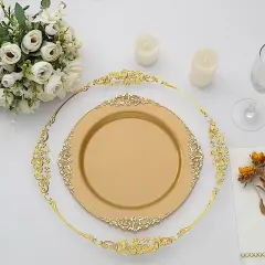 10 Pcs Disposable Plastic Salad Dinner Plates Embossed Baroque Trim Party Gold