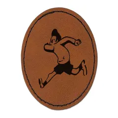 Cartoon Running Man Exercise Round Iron-On Engraved Faux Leather Patch Applique - 2.5" Brown