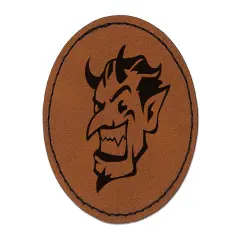 Impish Smiling Devil Demon with Horns Round Iron-On Engraved Faux Leather Patch Applique - 2.5" Brown