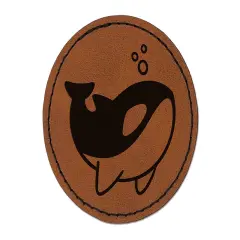Sweet Kawaii Chibi Killer Whale Round Iron-On Engraved Faux Leather Patch Applique - 2.5" Brown