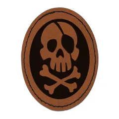 Pirate Skull and Crossbones Jolly Roger Round Iron-On Engraved Faux Leather Patch Applique - 2.5" Brown