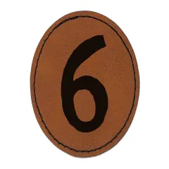Number 6 Six Cute Typewriter Font Round Iron-On Engraved Faux Leather Patch Applique - 2.5" Brown