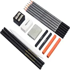 17 Piece Set, Sketch and Drawing Art Pencil Kit, Charcoal, Black, White