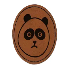Sad Panda Face Round Iron-On Engraved Faux Leather Patch Applique - 2.5" Brown