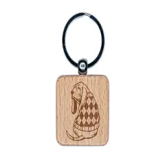 Basset Hound Dog in Argyle Sweater Engraved Wood Square Keychain Tag Charm