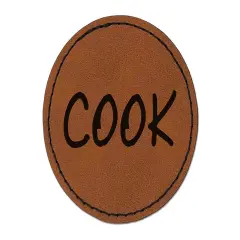 Cook Fun Text Round Iron-On Engraved Faux Leather Patch Applique - 2.5" Brown
