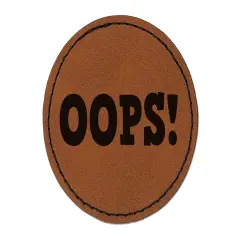 Oops Fun Text Round Iron-On Engraved Faux Leather Patch Applique - 2.5" Brown