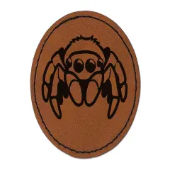 Cute Jumping Spider Round Iron-On Engraved Faux Leather Patch Applique - 2.5" Brown
