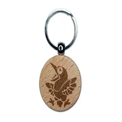 Shocked and Surprised Little Bird Crow Raven Engraved Wood Round Keychain Tag Charm