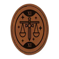 Justice Tarot Card Round Iron-On Engraved Faux Leather Patch Applique - 2.5" Brown