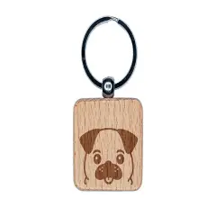 Peeking Pug Dog Engraved Wood Square Keychain Tag Charm
