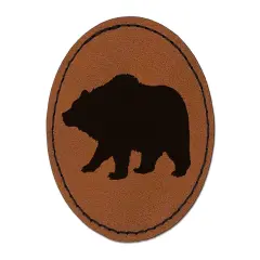 Fuzzy Grizzly Bear Silhouette Round Iron-On Engraved Faux Leather Patch Applique - 2.5" Brown