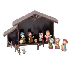 Gerson Christmas Nativity Scene Set, 11 Piece Holy Family Indoor Manger Scene Decoration with 12 x 7.5 inch Metal Creche and Resin Figurines