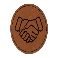 Shaking Hands Agreement Icon Round Iron-On Engraved Faux Leather Patch Applique - 2.5" Brown