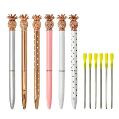 Wrapables Novelty Pineapple Ballpoint Pens, 1.0mm Medium Point Retractable Metal Pens with Refills (Set of 6 Pens + 6 Refills)