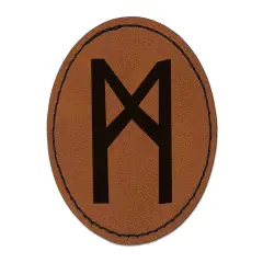 Norse Viking Dwarven Rune Letter M Round Iron-On Engraved Faux Leather Patch Applique - 2.5" Brown