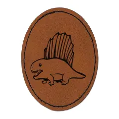 Wary Dimetrodon Dinosaur with Dorsal Sail Fin Round Iron-On Engraved Faux Leather Patch Applique - 2.5" Brown